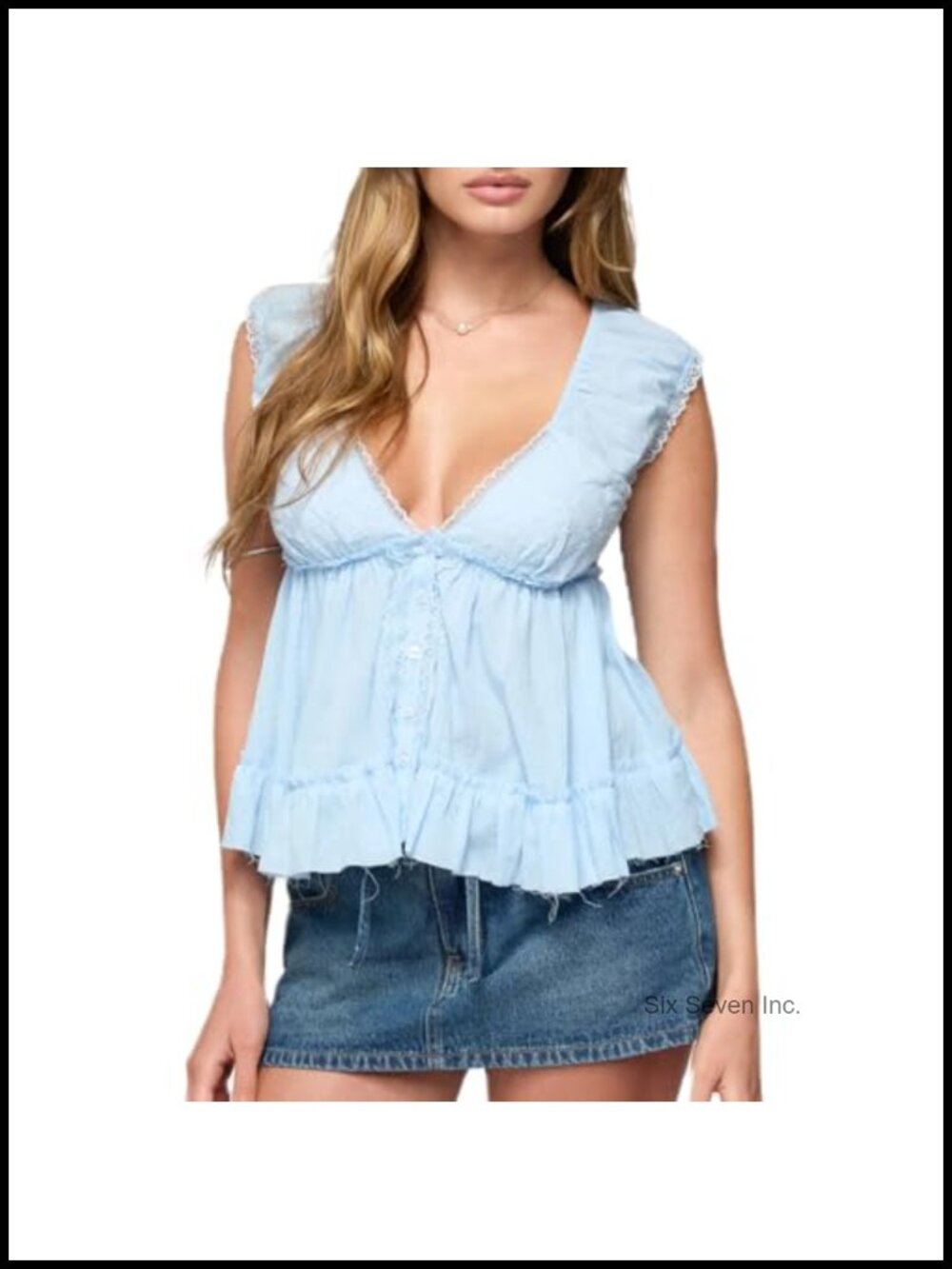 Y2K Ruffled Hem Peplum Tank Top Lace Trim Deep V Neck Cap Sleeve Button Front